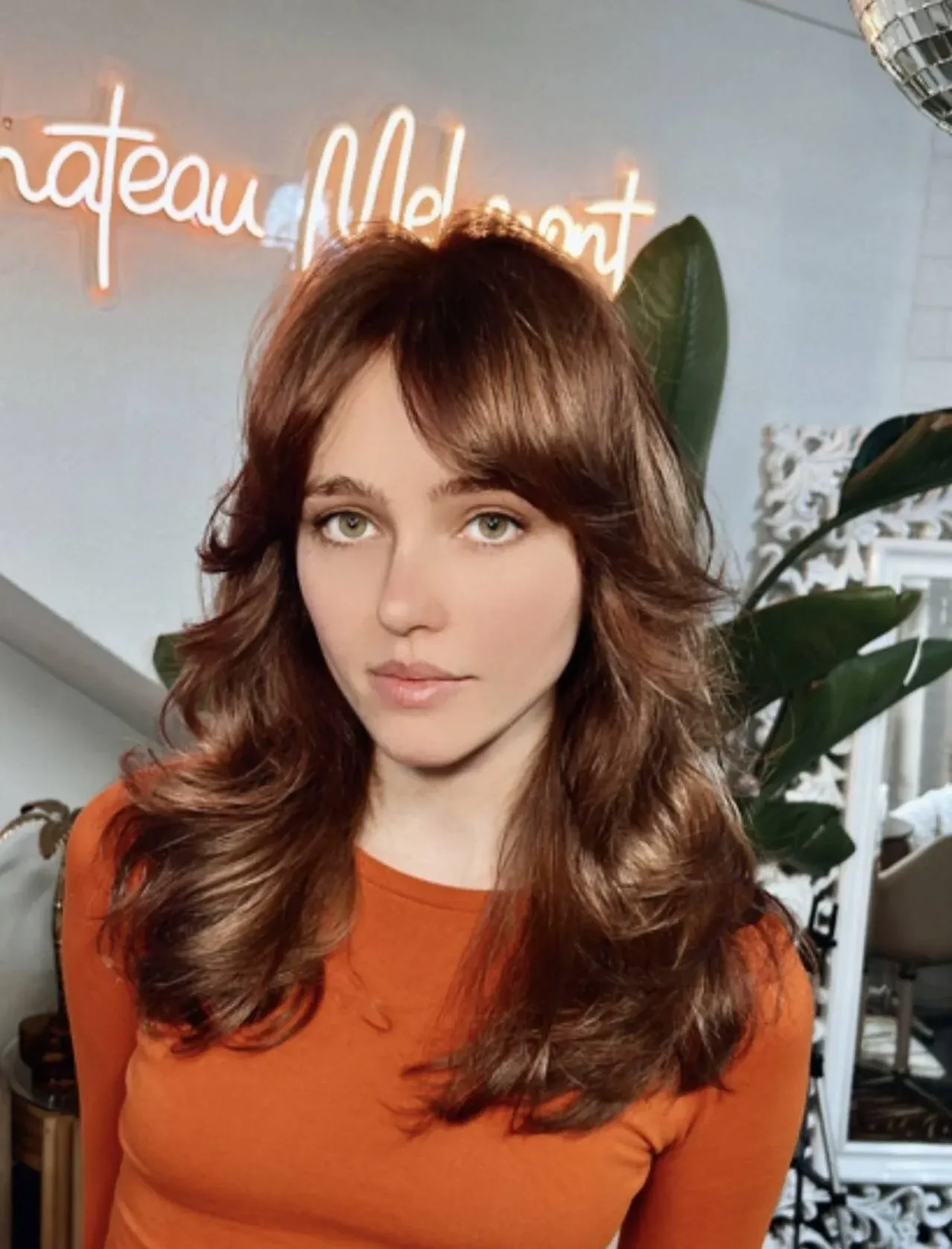 Brunette 70s shag with feathered curtain fringe and layers falling past the shoulders